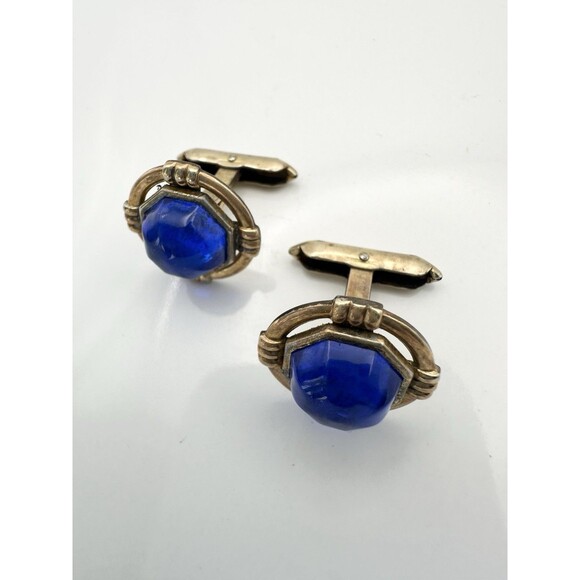 Vintage Blue Glass Cabochon Gold Plated Cuff Links by Hadley - Picture 2 of 6